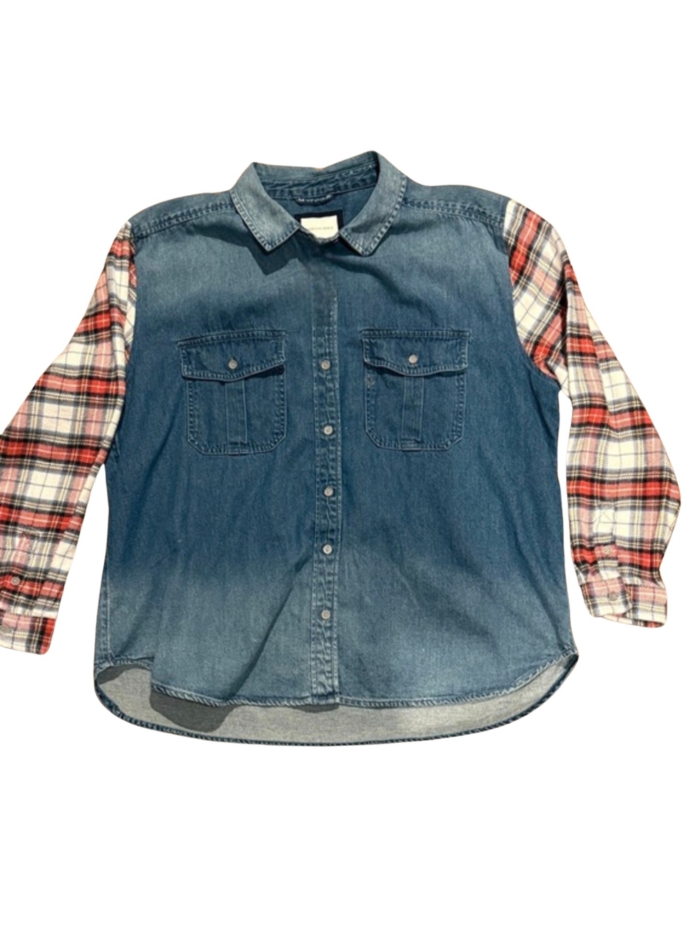 American Eagle Outfitters Denim Button-Up with Red Plaid Sleeves Like New Size M